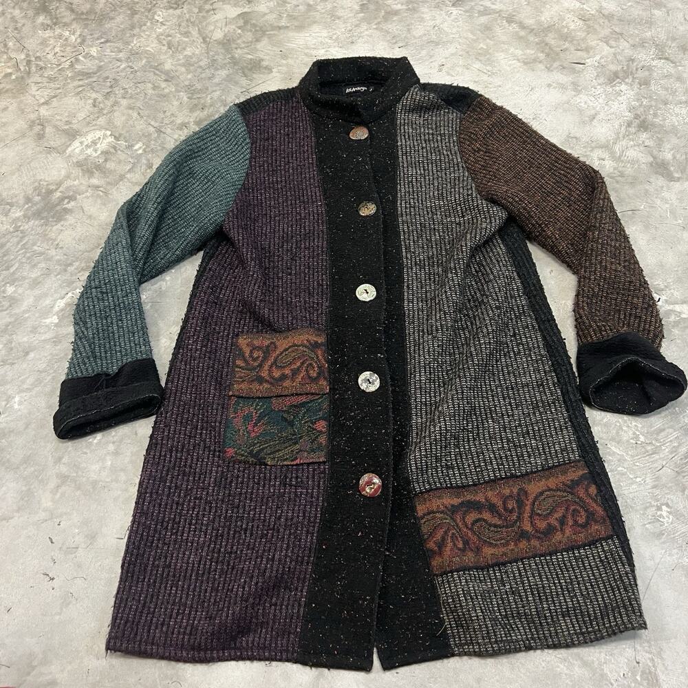 Lee Andersen Purple Black Blue Cardigan Sweater Large Button Front Long Pockets